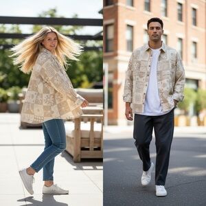 Smiley® x H&M patterned cotton twill shirt in light beige EUC XXS